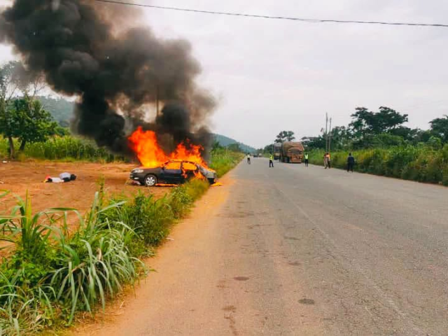 Fire destroys Toyota Corolla on Peki-Asikuma road