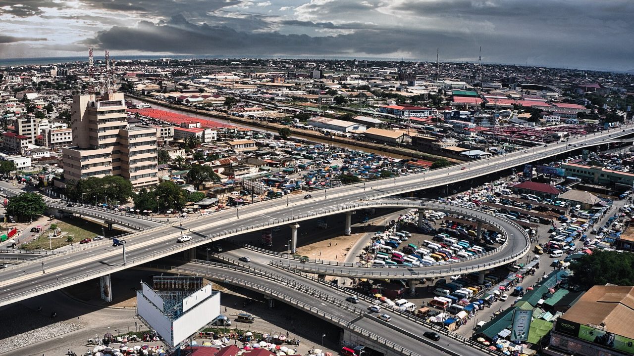 Aerial view of the Kwame Nkrumah Interchange at Circle, Accra