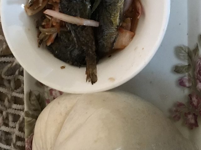 Akple with pepper and fried fish