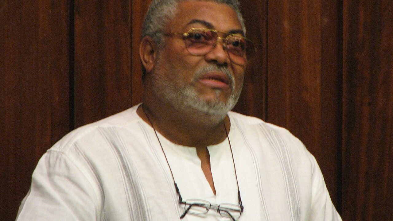 Former Ghanaian president Jerry Rawlings speaking at an event
