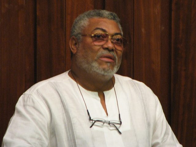 Former Ghanaian president Jerry Rawlings speaking at an event