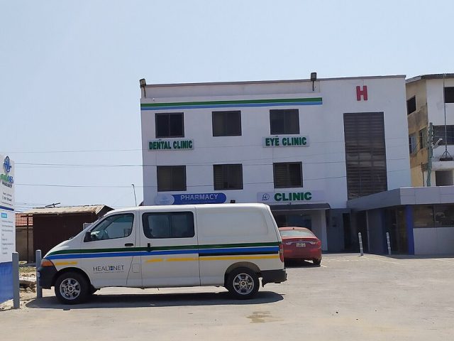 An ambulance in front of a clinic in Ghana