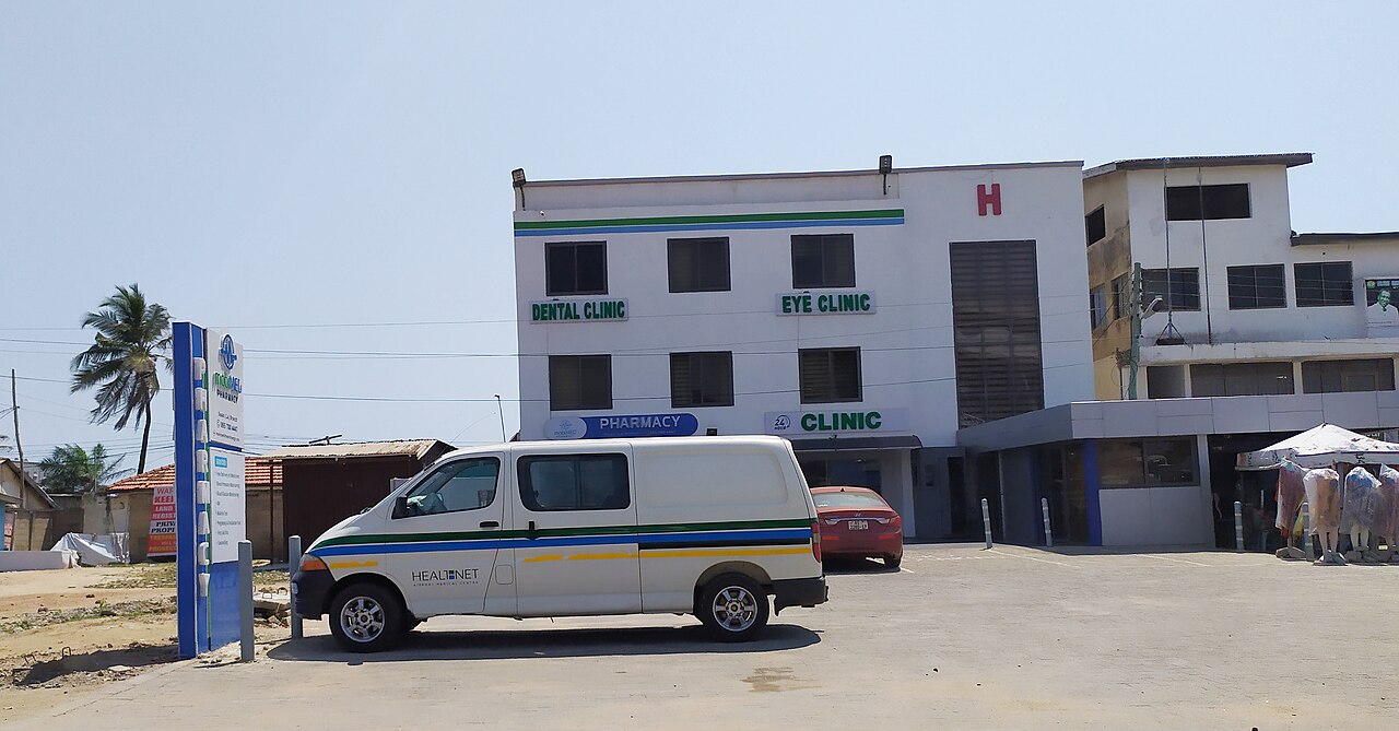 An ambulance in front of a clinic in Ghana