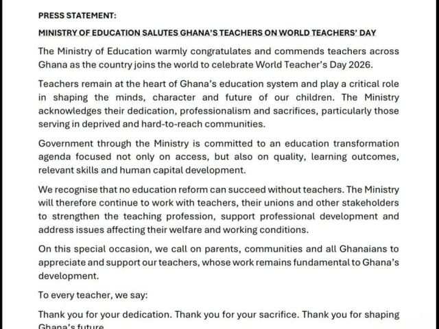 Education Ministry commends Ghanaian teachers on World Teachers’ Day 2026