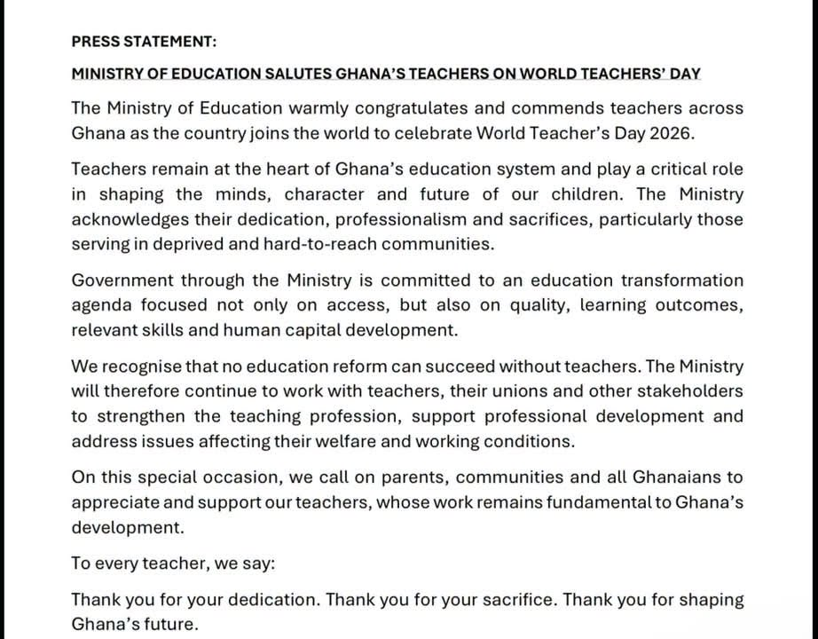 Education Ministry commends Ghanaian teachers on World Teachers’ Day 2026