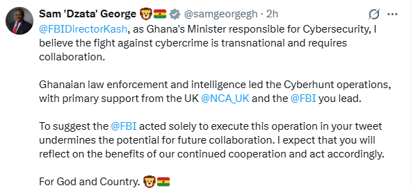 Sam George warns FBI Director against taking sole credit for Ghana cybercrime operation