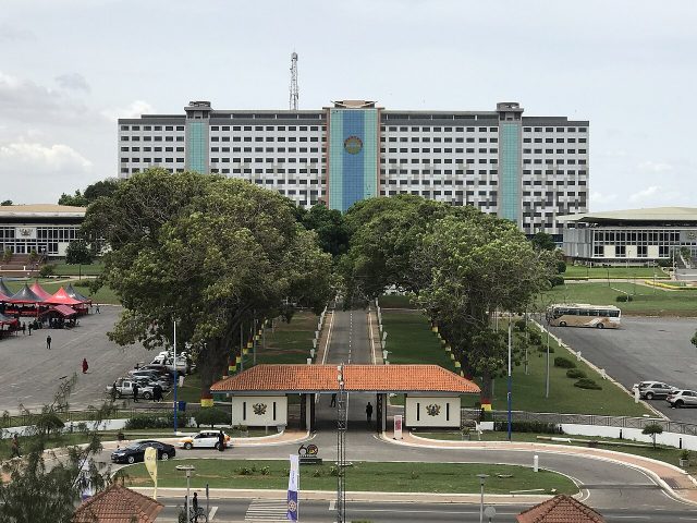 The entrance to Ghana's Parliament House, with Job 600 behind