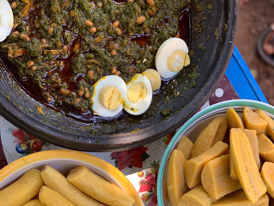 Kontomire stew with eggs and plantain