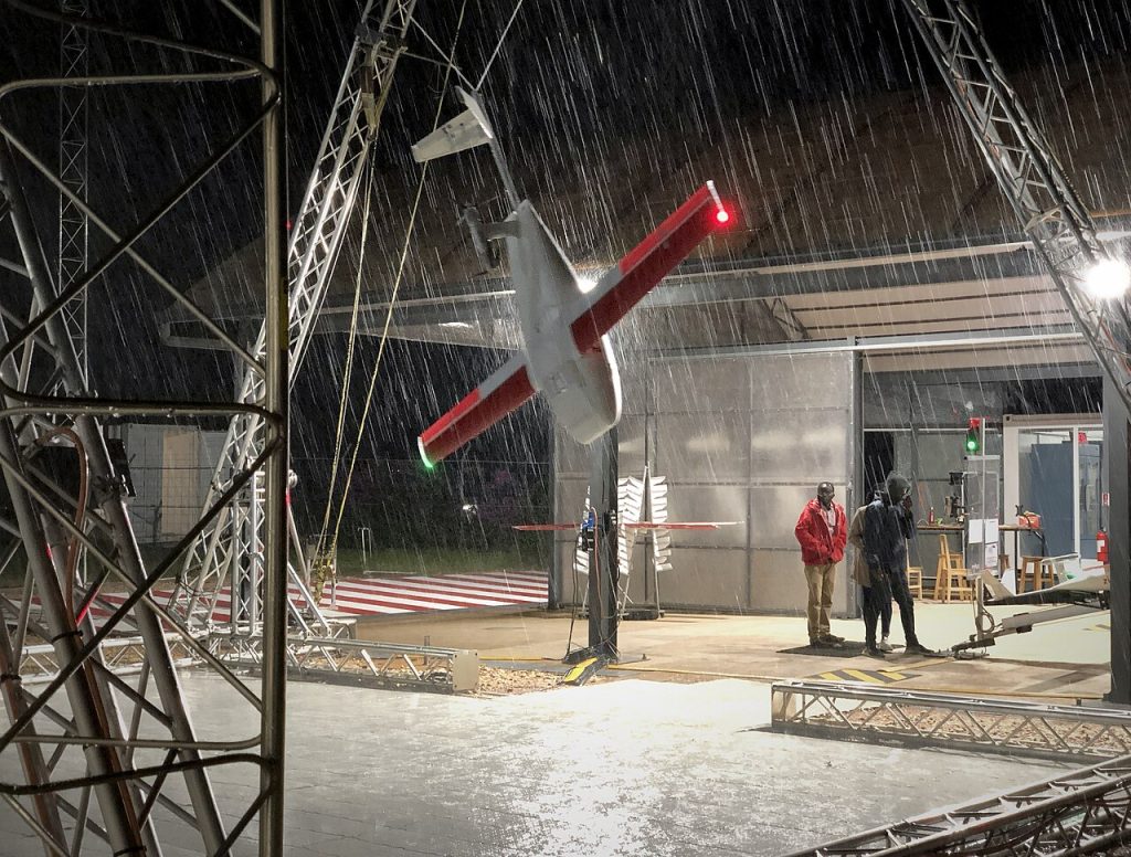 A Zipline drone landing in the rain