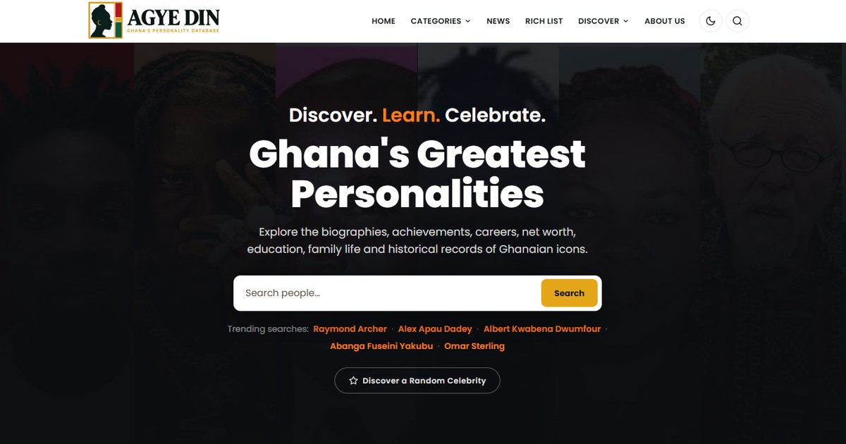The Agye Din homepage, Ghana's personality database